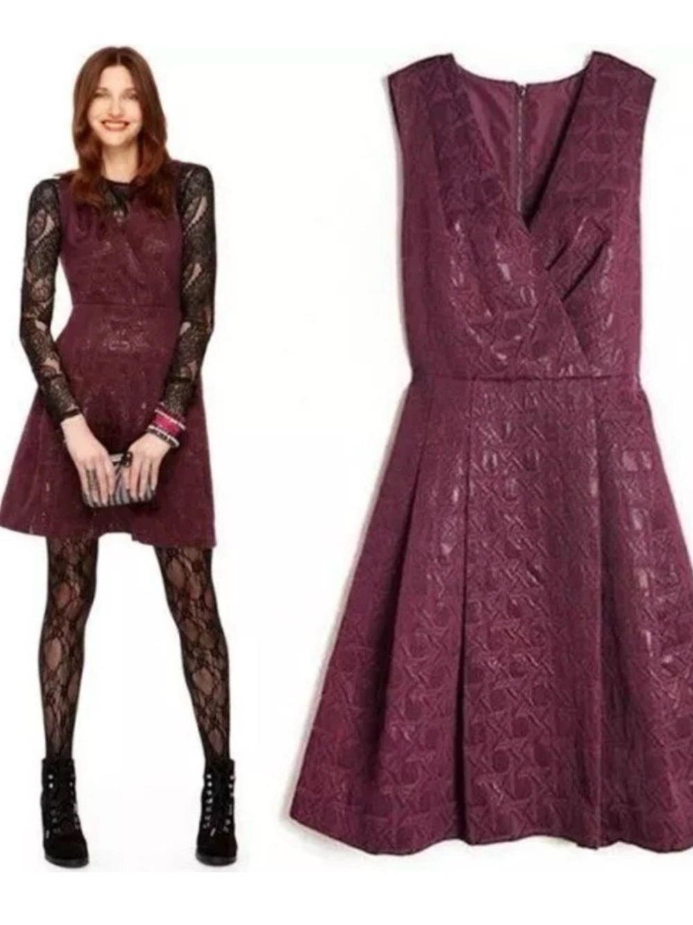 Kirna Zabete Deep Plum Textured Sleeveless Fit-and-Flare Dress